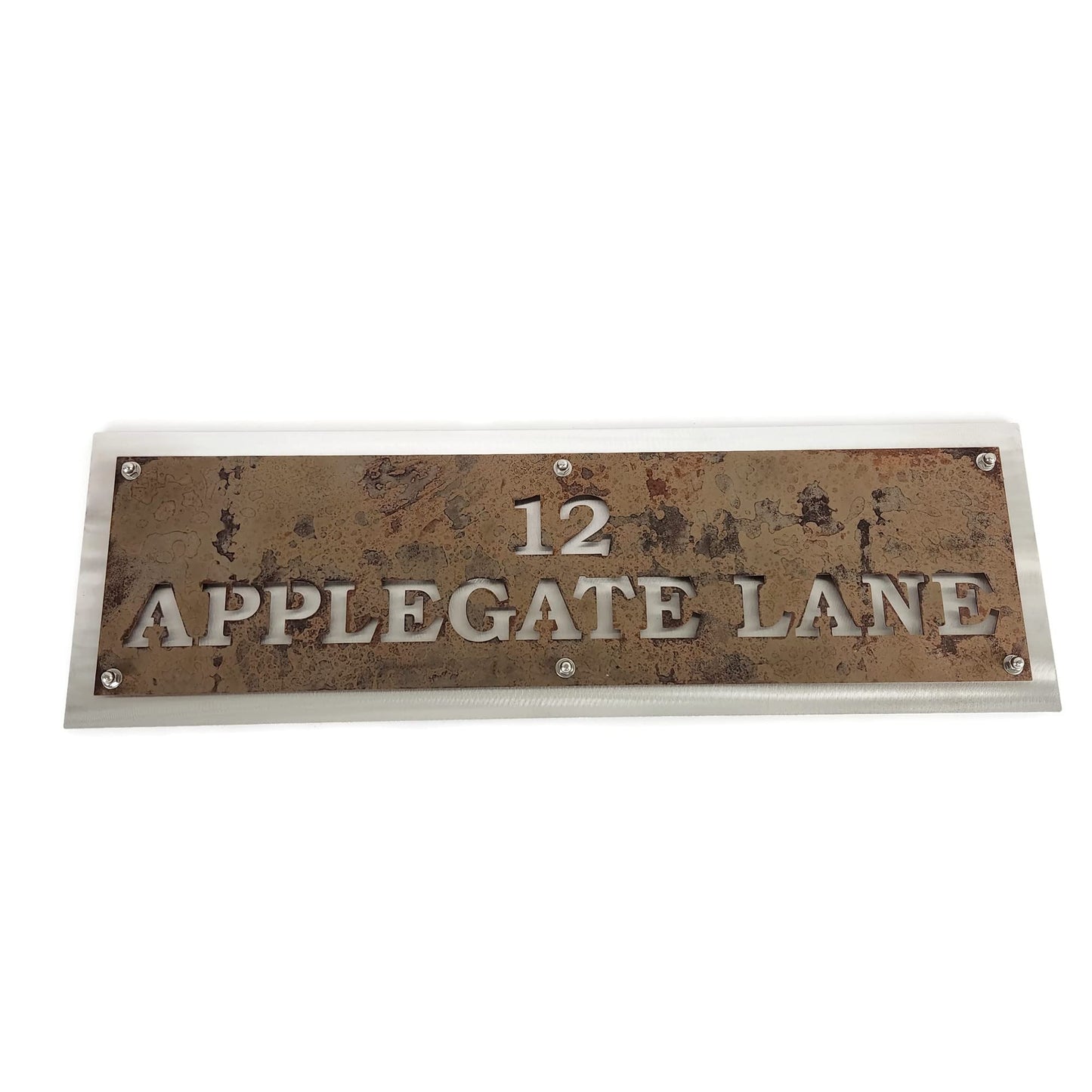 Rust over aluminum layered metal house address sign