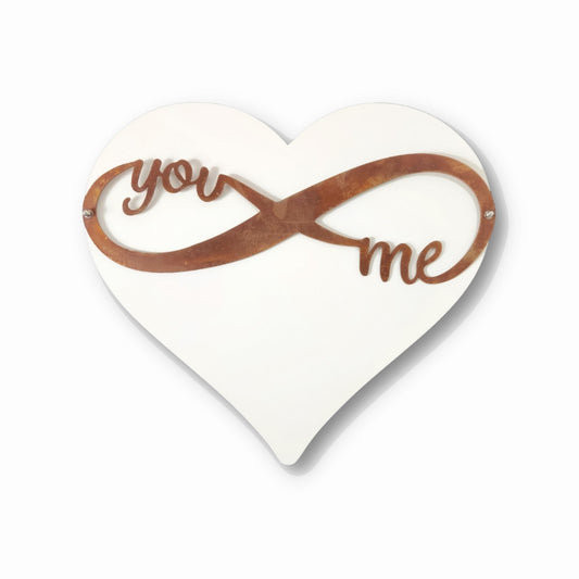 Rust over white layered metal heart and infinity sign You Me wall sign