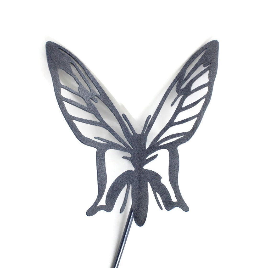 Metal butterfly garden stake in metallic blue gray powder coat