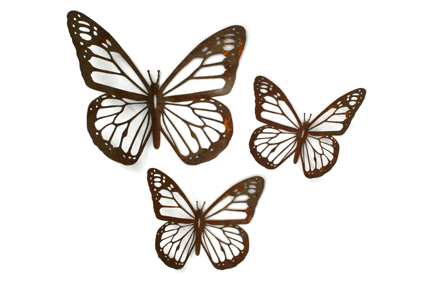 Rusty metal monarch butterfly wall art in three sizes