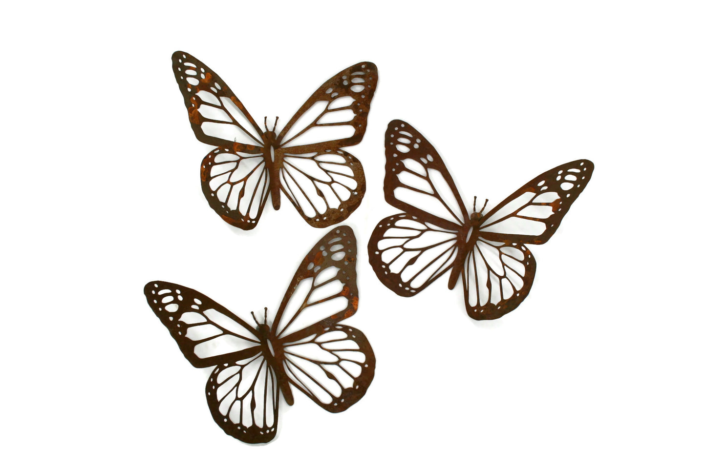Rusty metal monarch butterfly wall art in three sizes