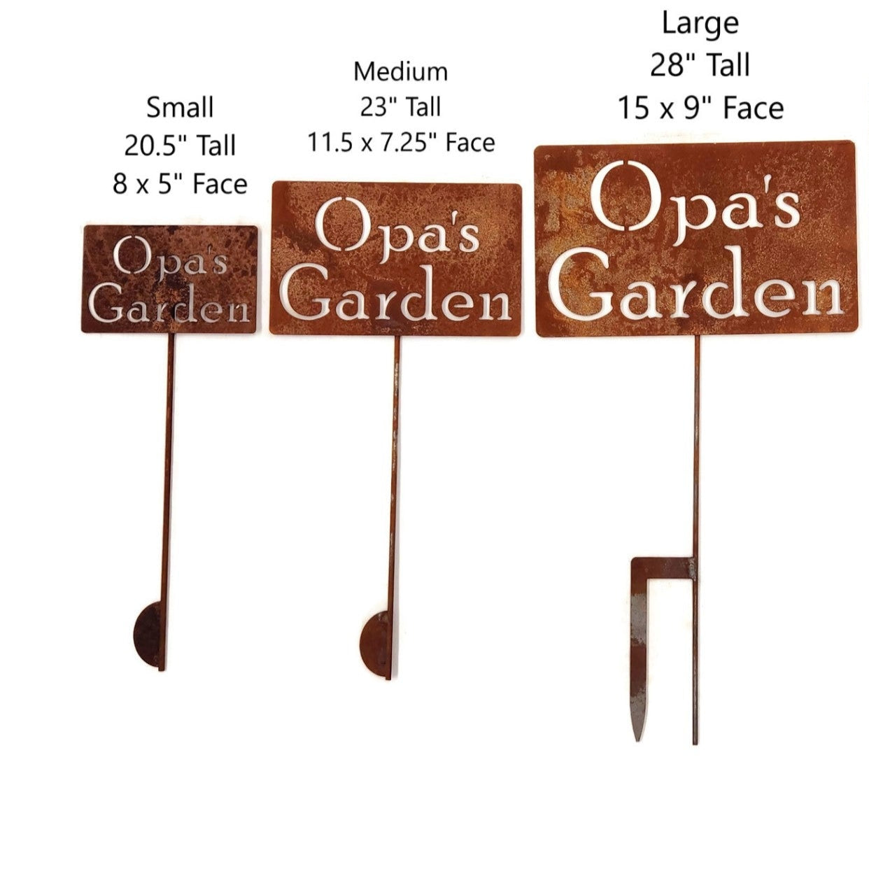 Opa's Garden small, medium, large, and extra large rusty garden stake sign
