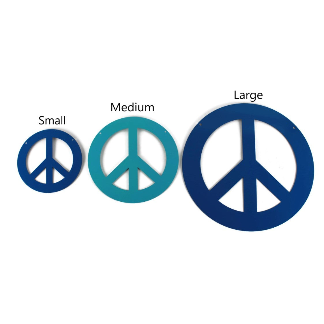 Small medium and large powder coat metal peace sign size comparison