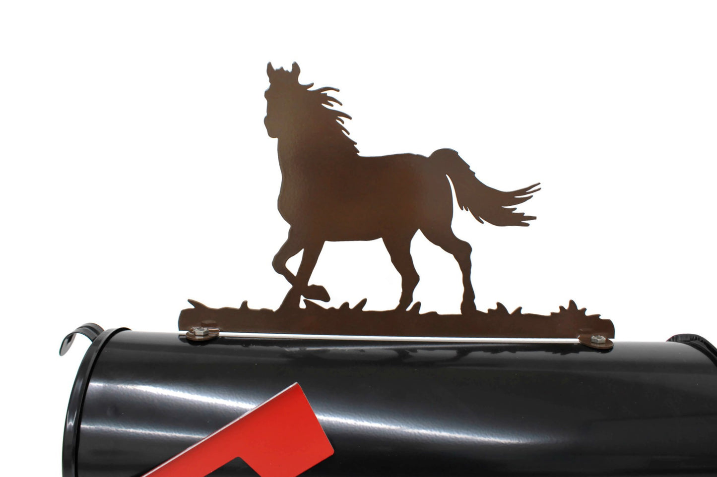 Gloss brown running horse mailbox topper installed on a mailbox