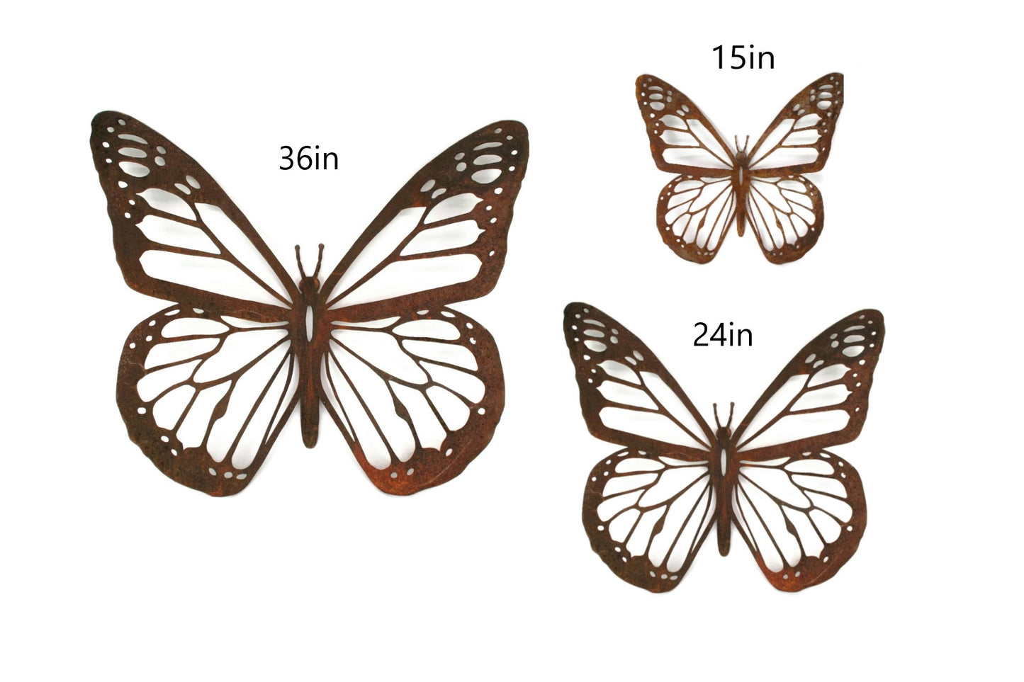 Rusty metal monarch butterfly wall art in three sizes