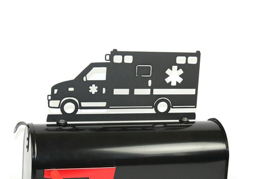Black powder coat ambulance metal mailbox topper installed on a mailbox