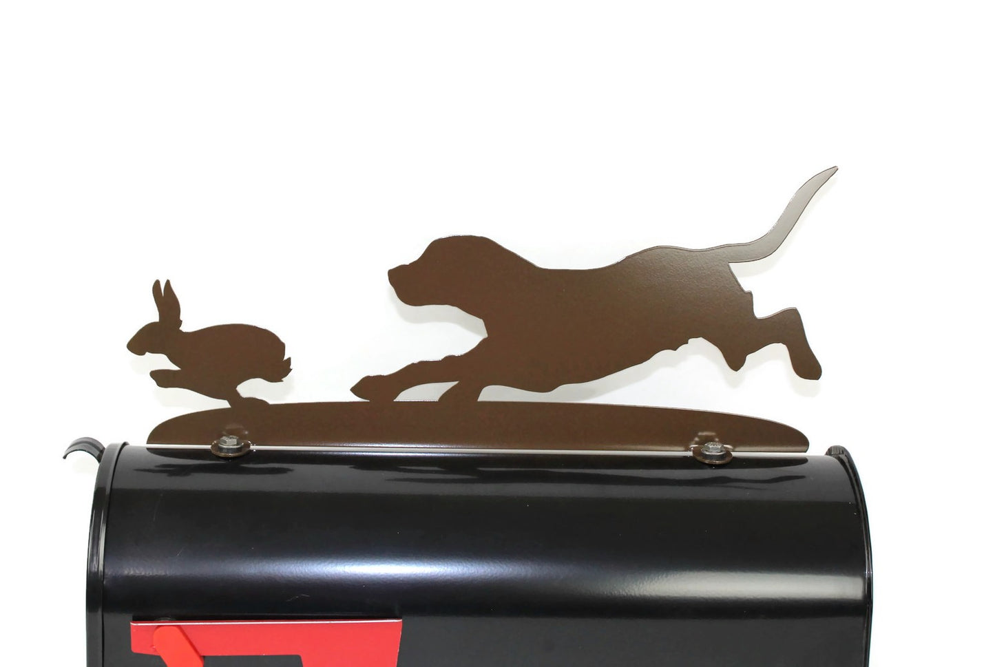 Gloss brown beagle and rabbit mailbox topper installed on a mailbox.