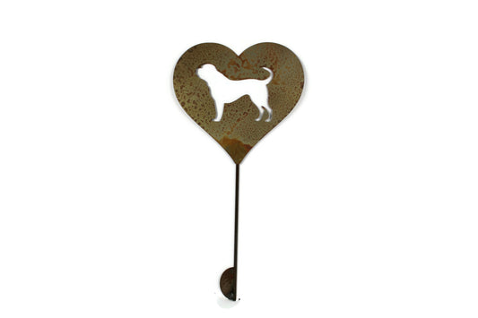 Heart-shaped rusty garden stake sign in rust with a bull mastiff dog silhouette