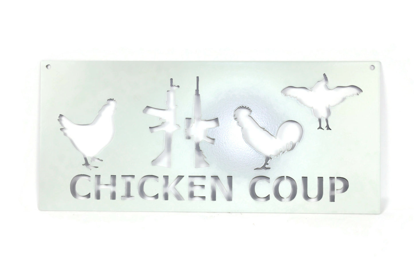 Mint white powder coat metal hanging chicken sign with silhouettes of hens, chicks, roosters, and a rifle gun with text saying Chicken Coup