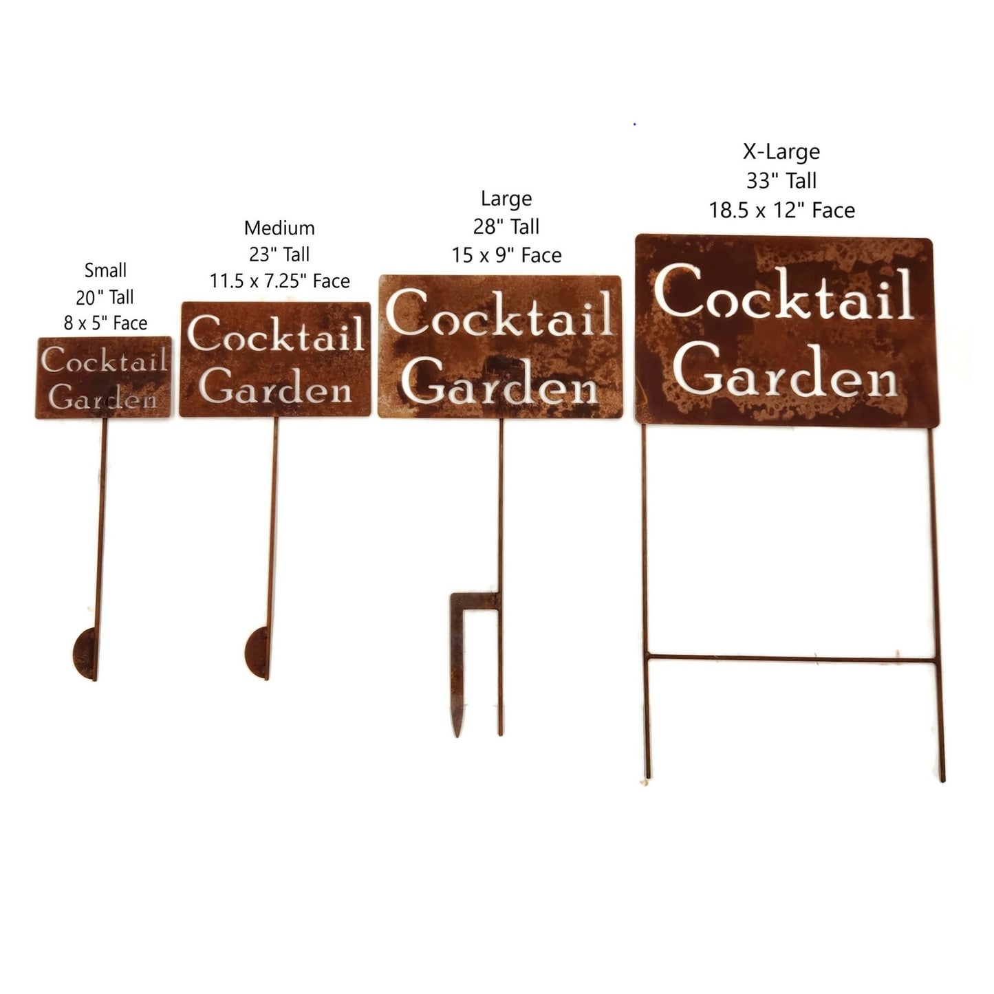 Cocktail Garden small, medium, large, and extra large rusty garden stake sign size comparison