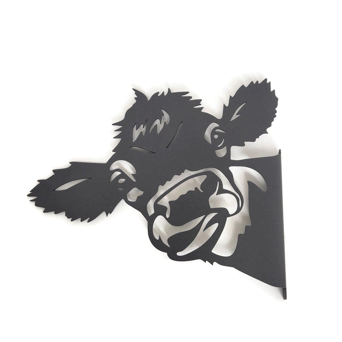 Gray powder coat metal cow peek a boo sign