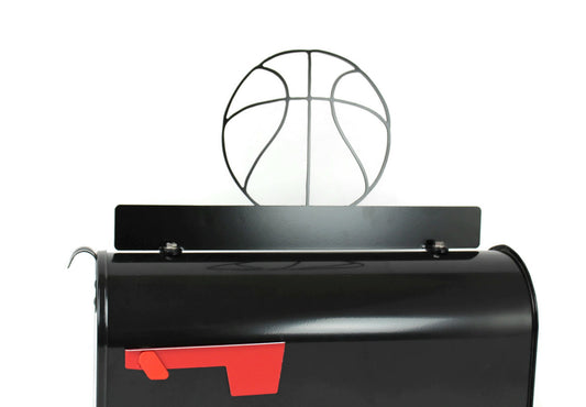Black custom basketball mailbox topper installed on a mailbox.