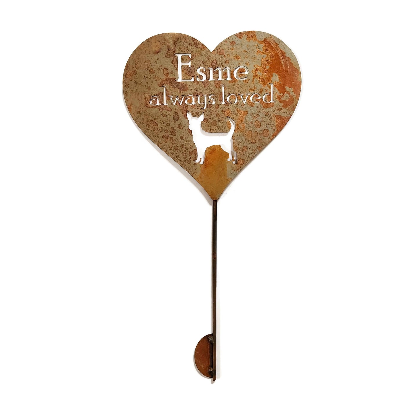 Custom heart-shaped rusty garden stake sign in rust with a chihuahua silhouette and Esme always loved for text