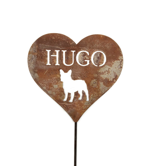Custom heart-shaped rusty garden stake sign in rust with a French Bulldog silhouette and Hugo for text
