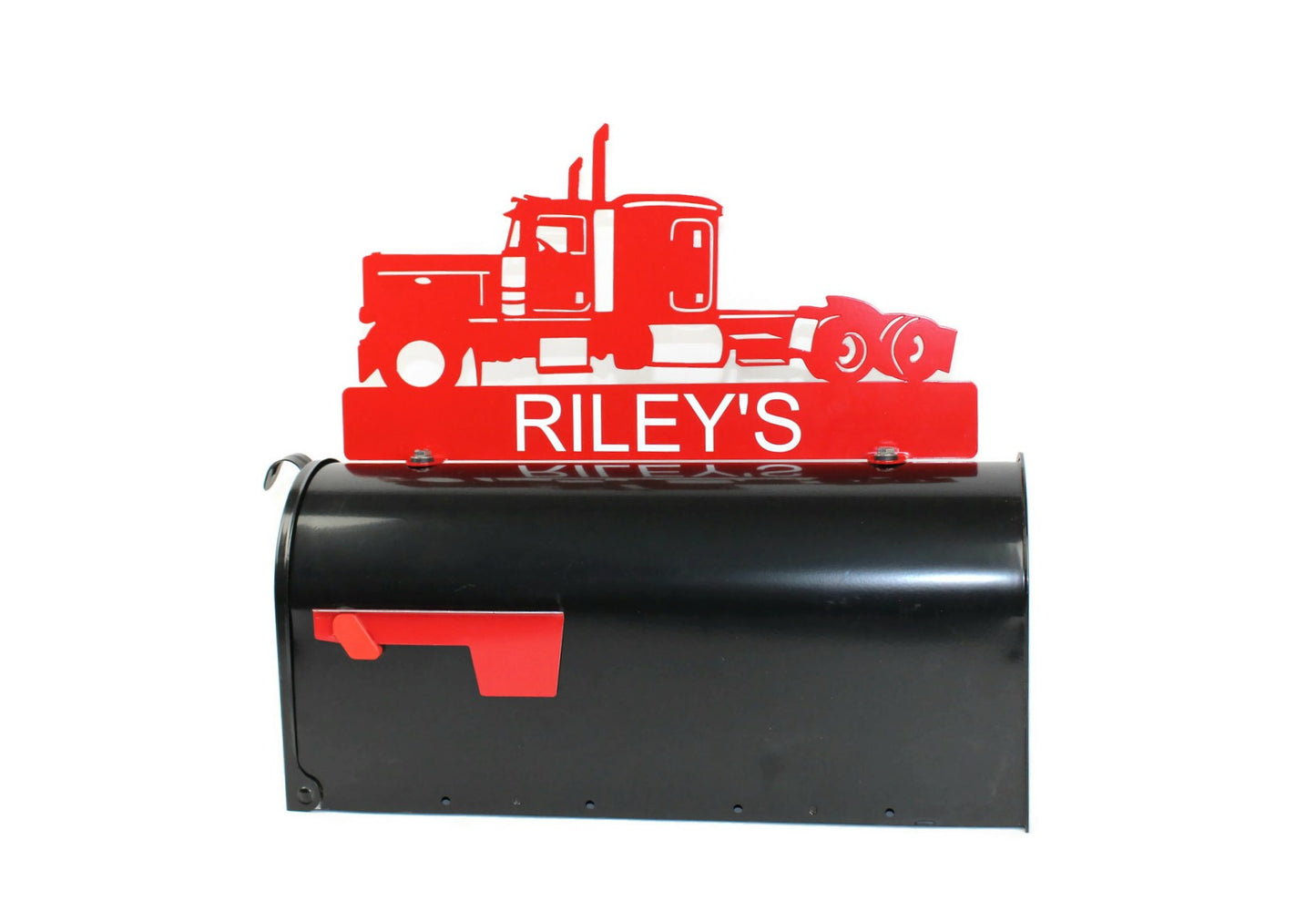 Red semi truck custom mailbox topper with address installed on a mailbox