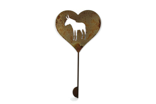 Heart-shaped donkey decor stake in naturally rusted finish