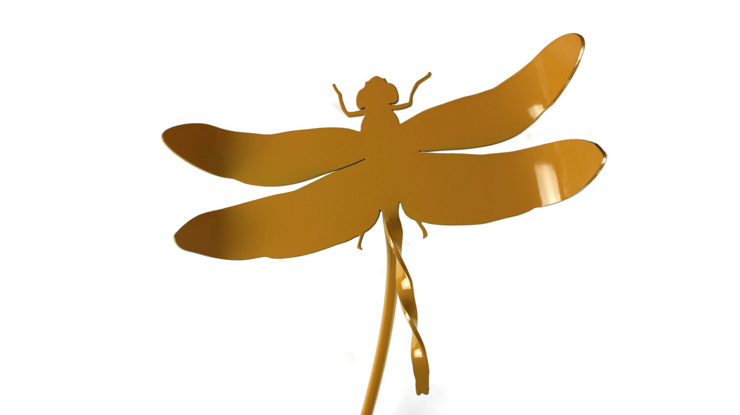 Metal dragonfly garden stake in dark yellow powder coat