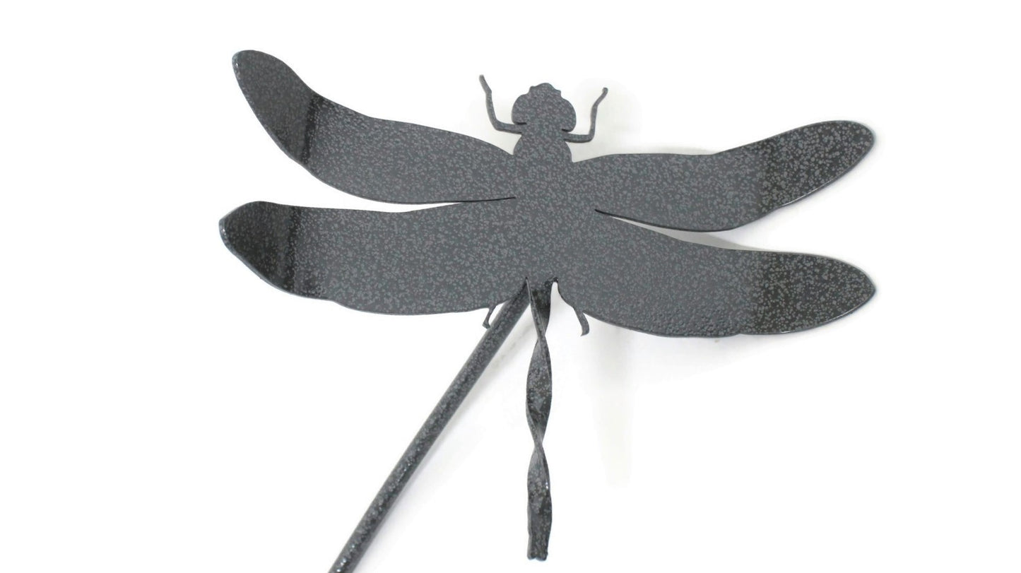 Metal dragonfly garden stake in hammered dark gray powder coat