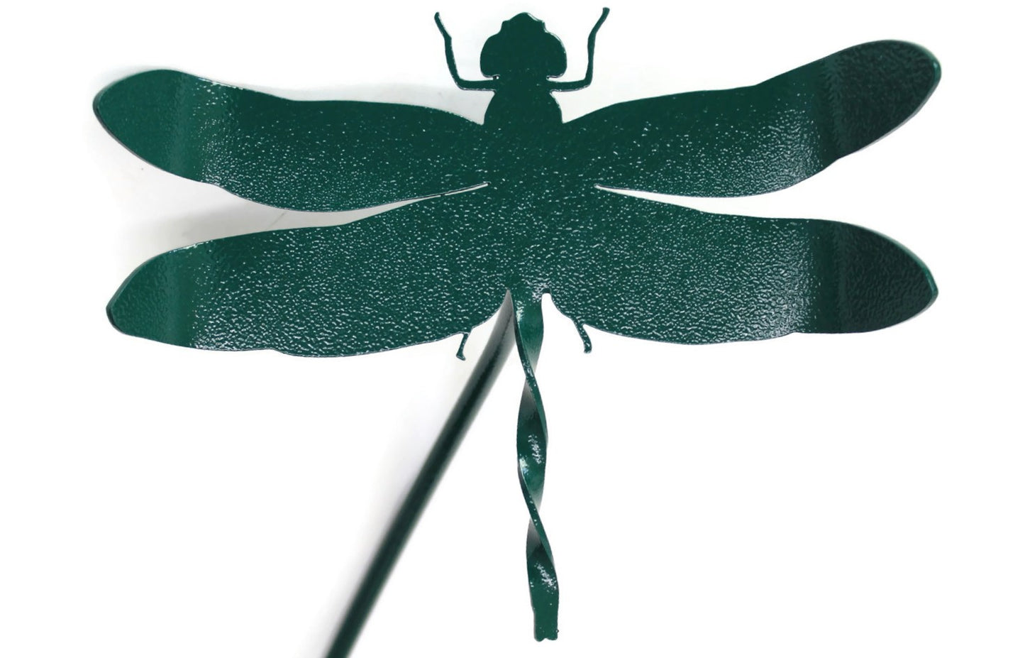 Metal dragonfly garden stake in hammered dark green powder coat
