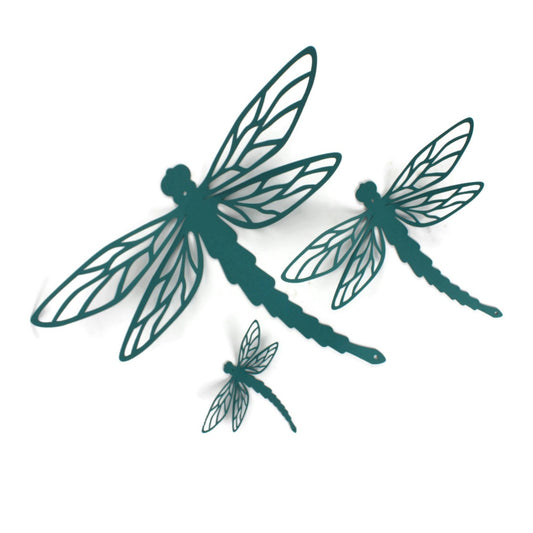 Copper patina green powder coat metal dragonfly wall art in three sizes