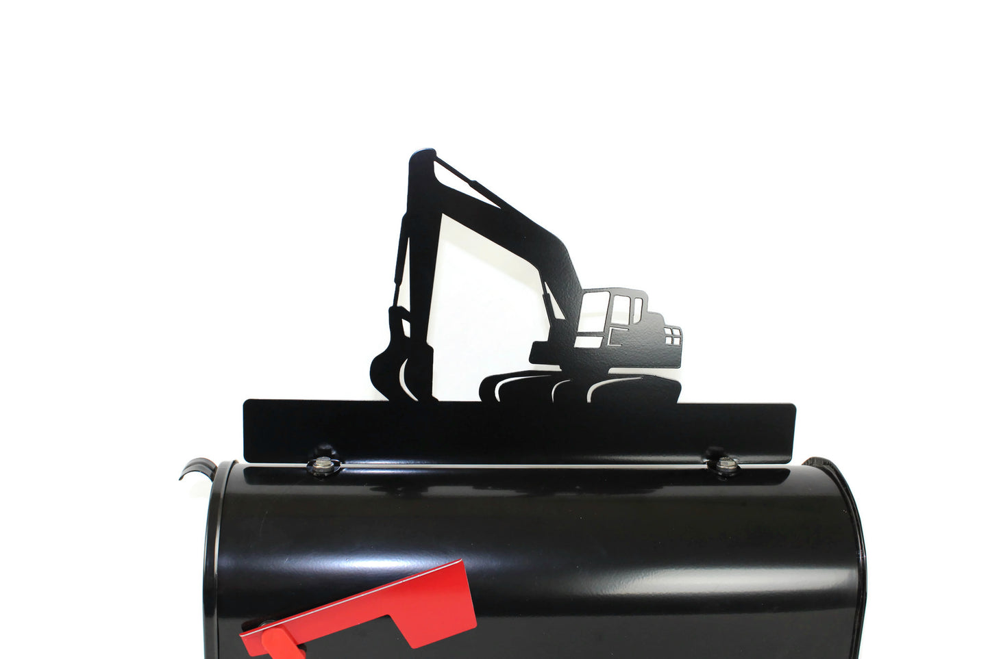 Black excavator custom mailbox topper installed on a mailbox.