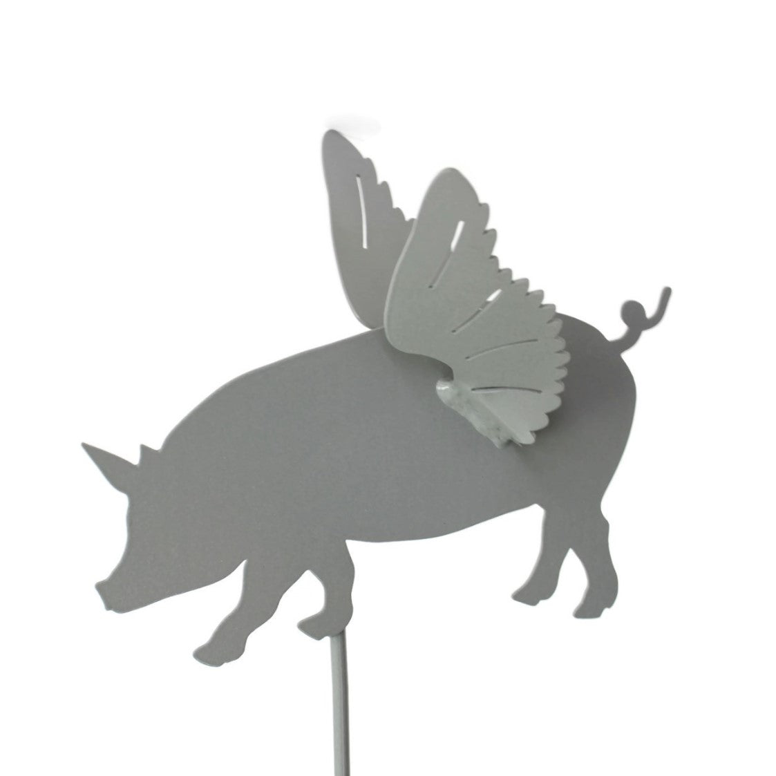 Metal flying pig garden stake in gray powder coat