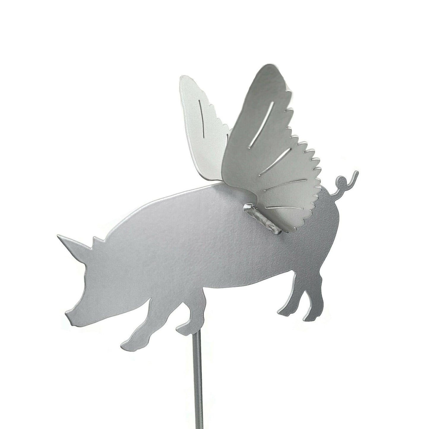 Metal flying pig garden stake in silver powder coat