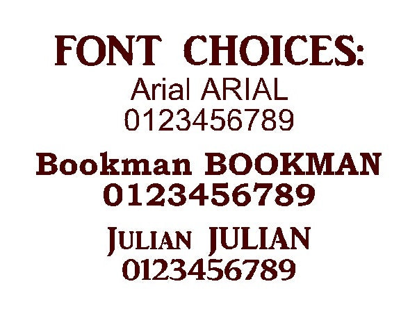 Font choice samples for Arial, Bookman, and Julian with letters and numbers shown for reference.