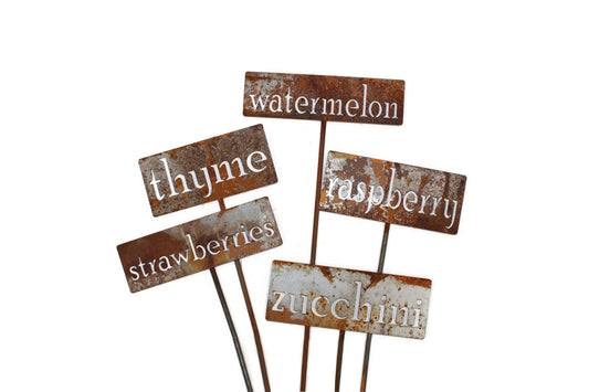 Rusty garden markers for thyme, strawberries, watermelon, raspberry, zucchini