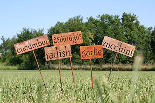 Rusty garden markers for cucumber, radish, asparagus, garlic, and zucchini