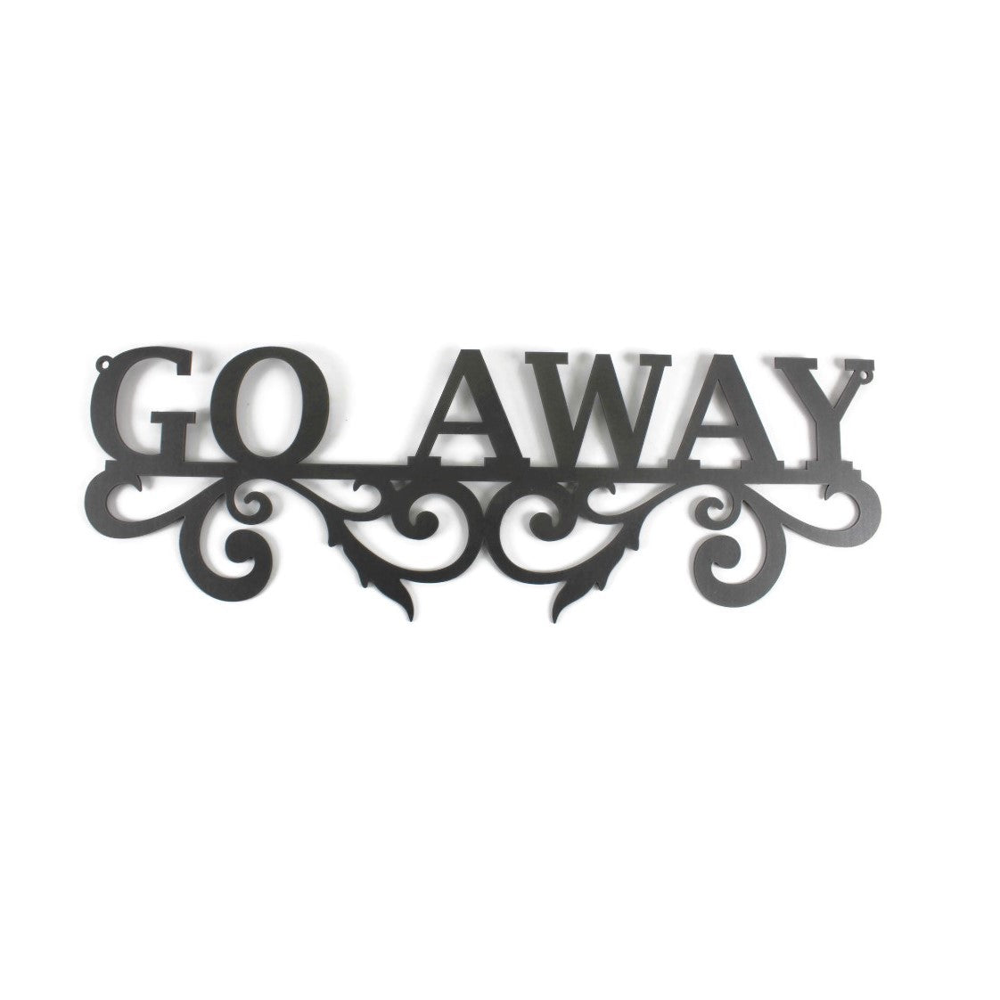Metallic dark gray powder coat Go Away swirl metal wall sign