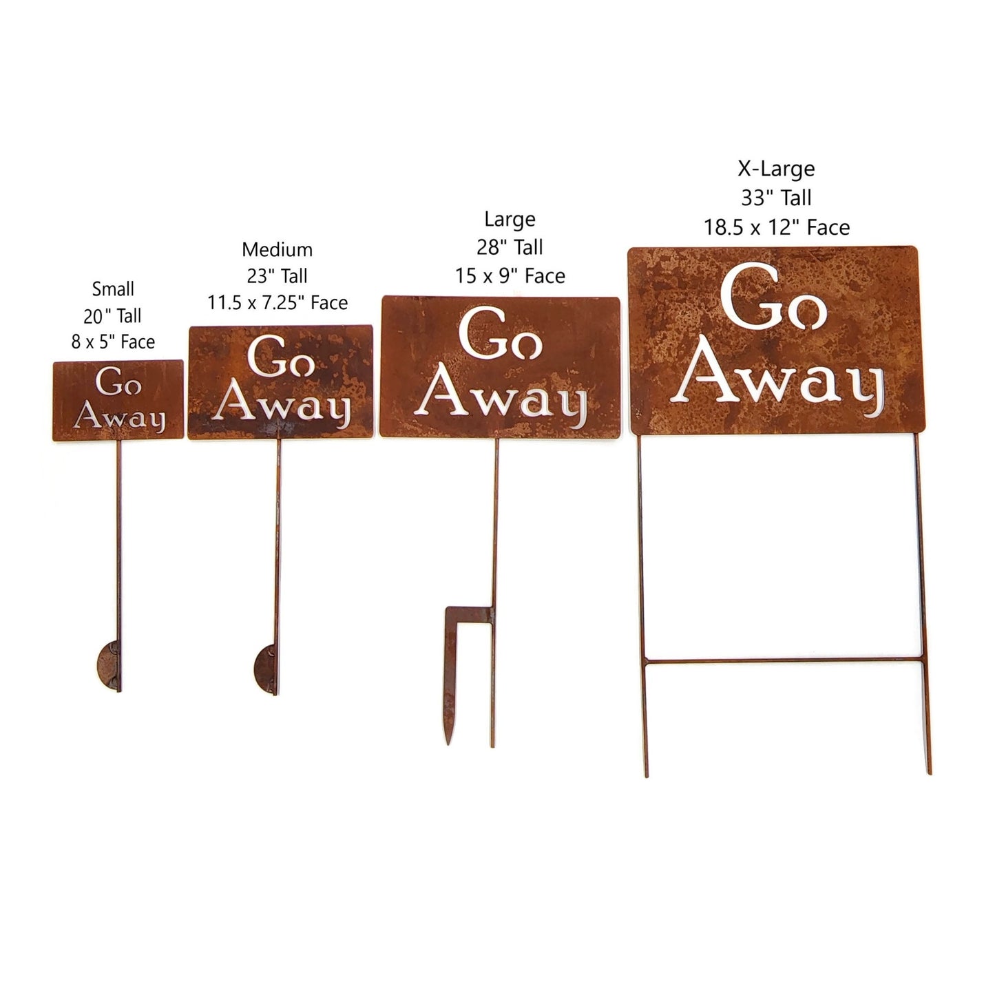 Go Away small, medium, large, and extra large rusty garden stake sign size comparison