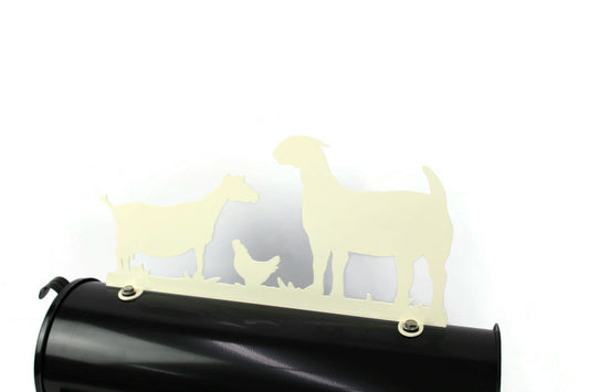 Cream goats and hen mailbox topper installed on a mailbox