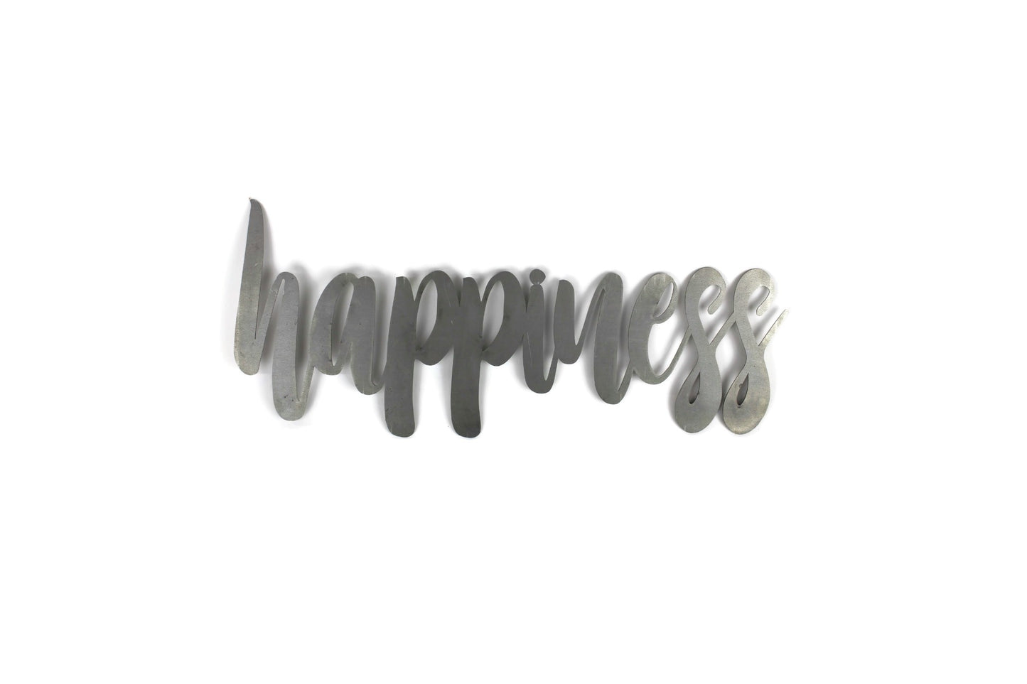 happiness metal script word sign in raw steel