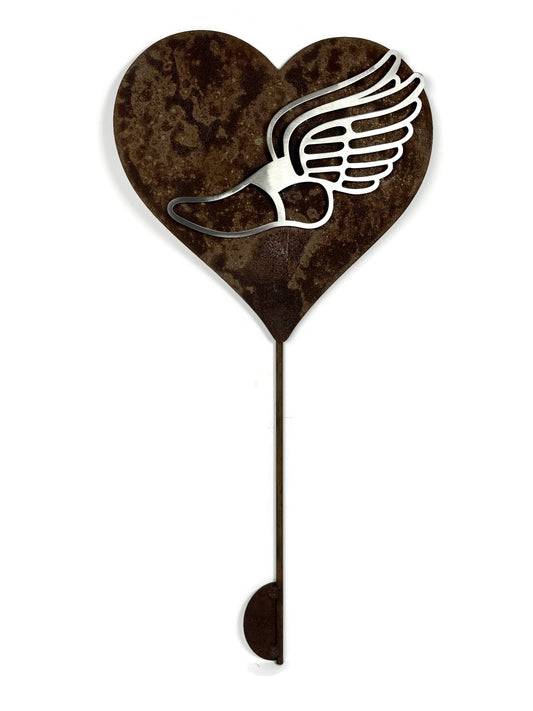 Track Shoe with Wings Metal Garden Stake Heart Memorial 23 Inches Tall