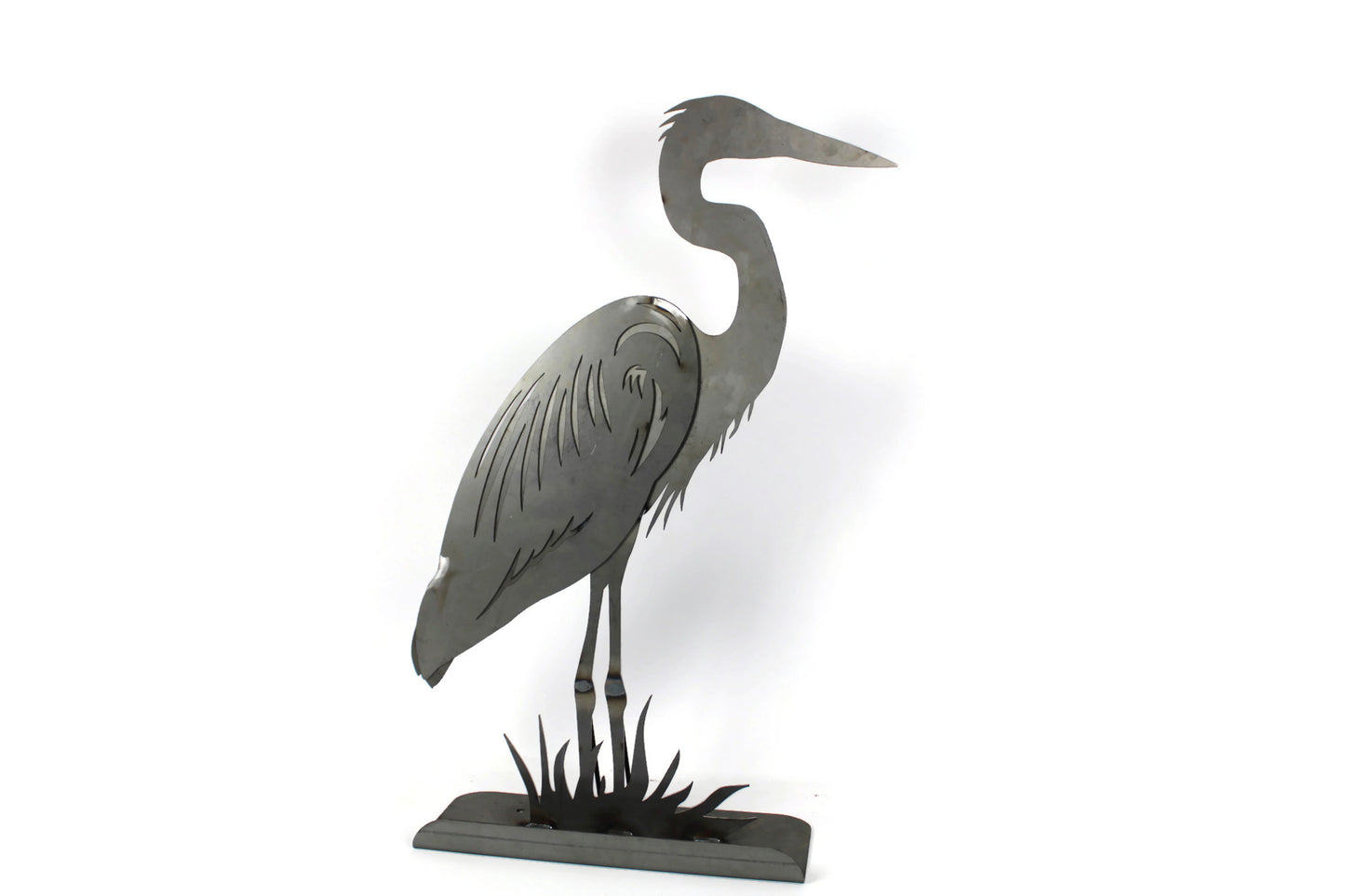 Raw steel metal heron statue