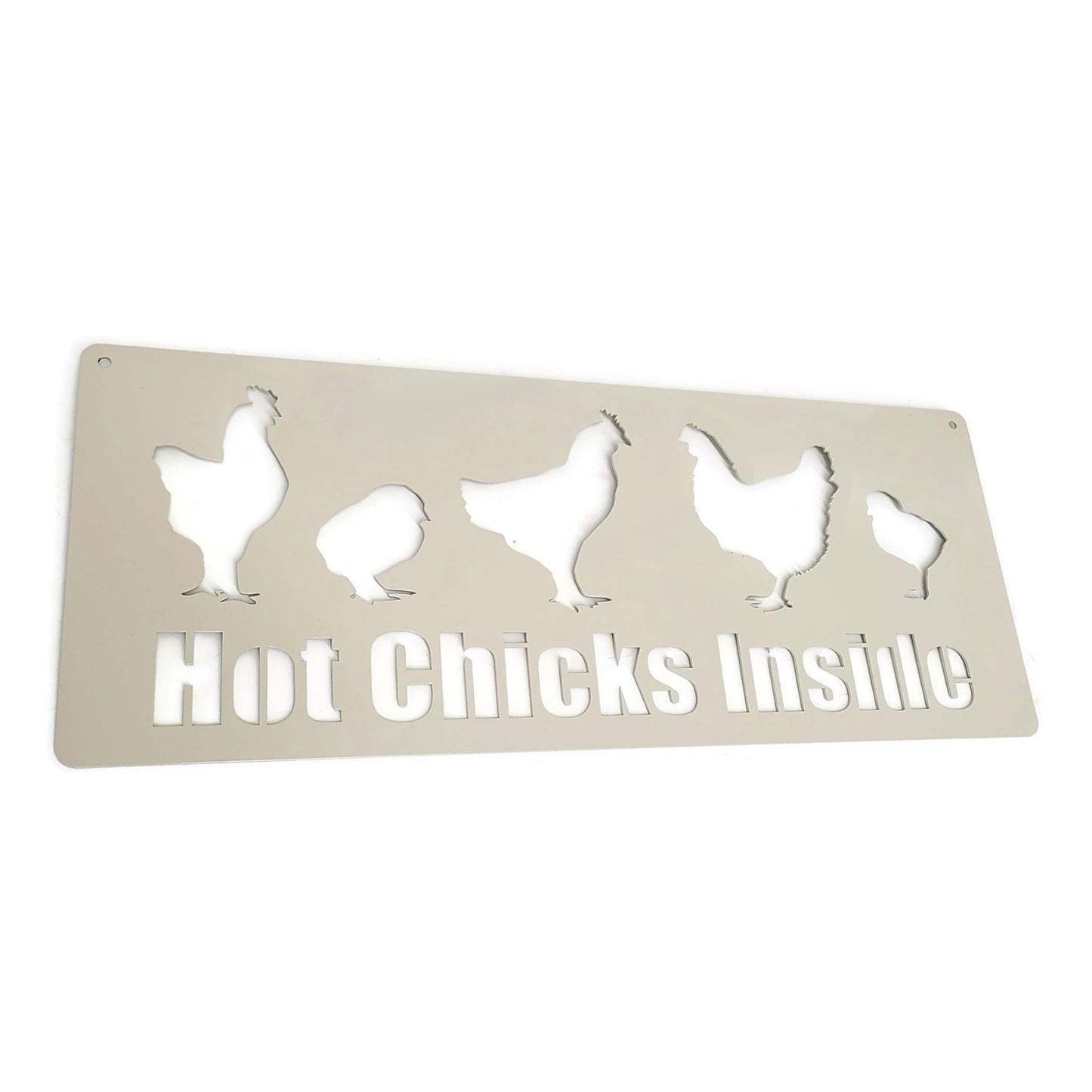 Hot Chicks Inside metal hanging garden sign in cream powder coat