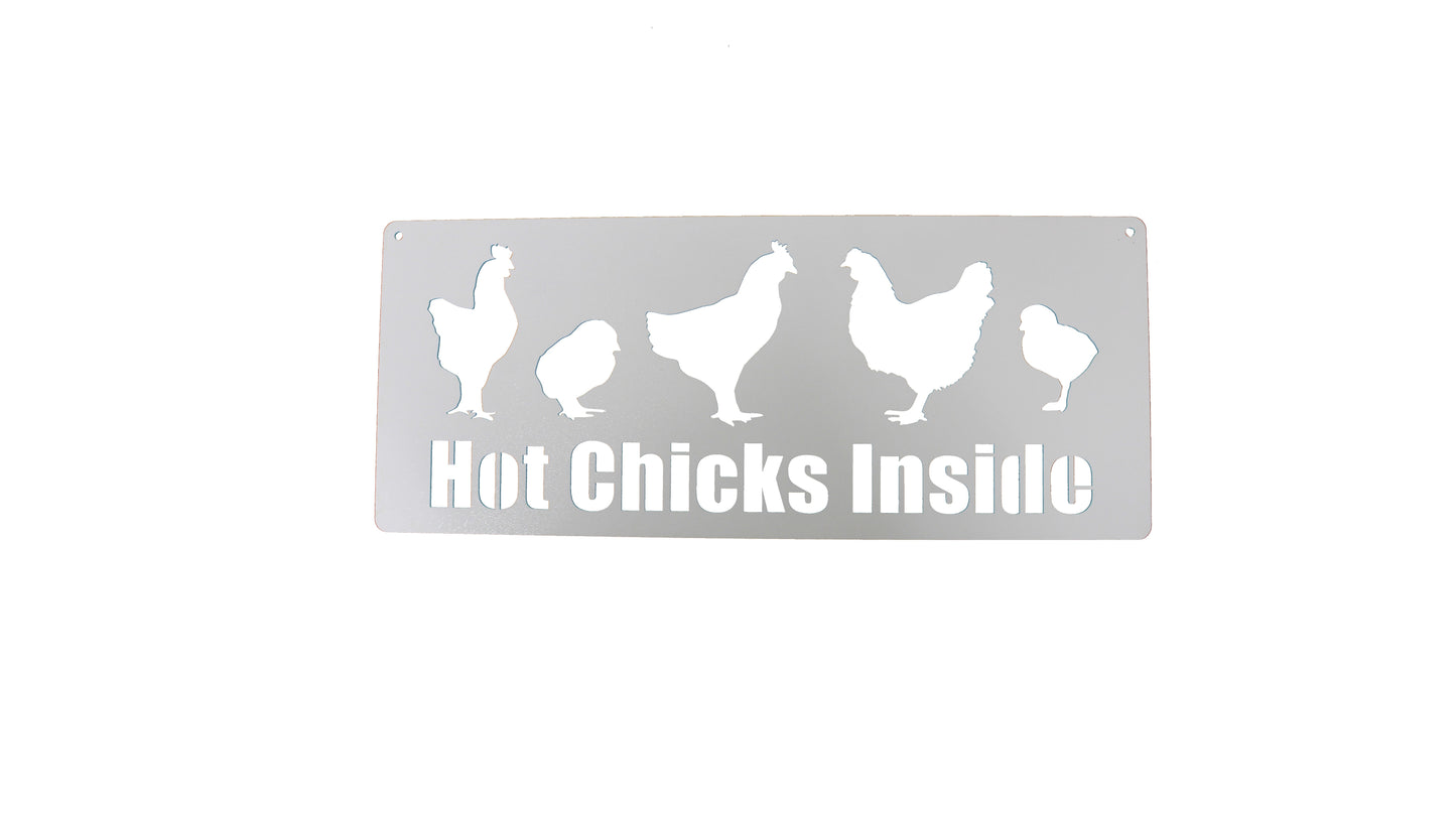 Hot Chicks Inside metal hanging garden sign in white powder coat