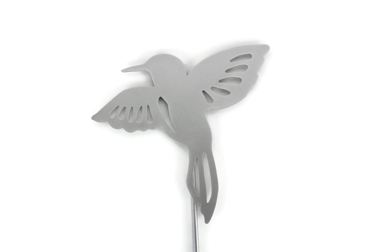 Metal hummingbird garden stake in silver powder coat