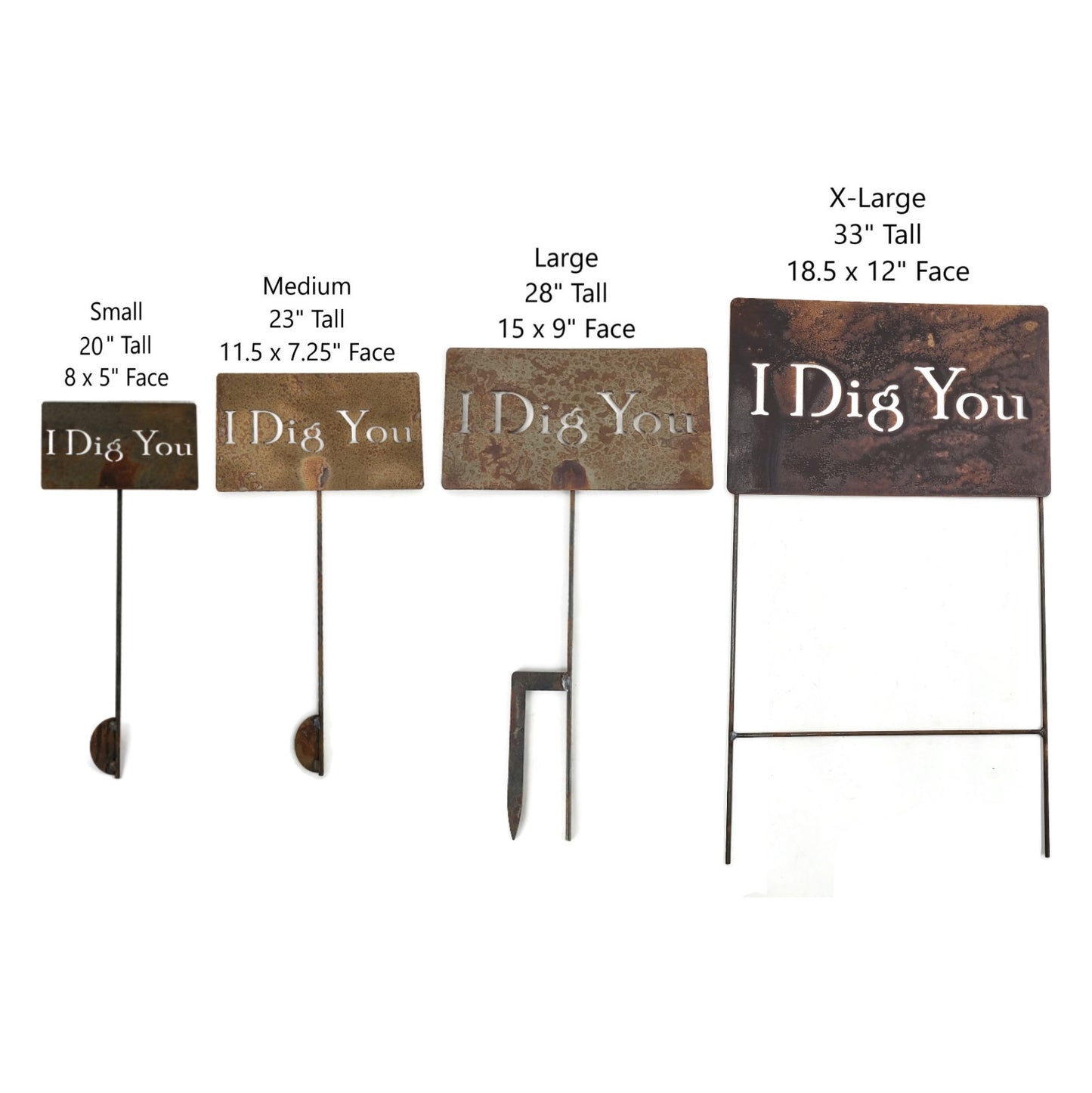 I Dig You small, medium, large, and extra large rusty garden stake sign size comparison