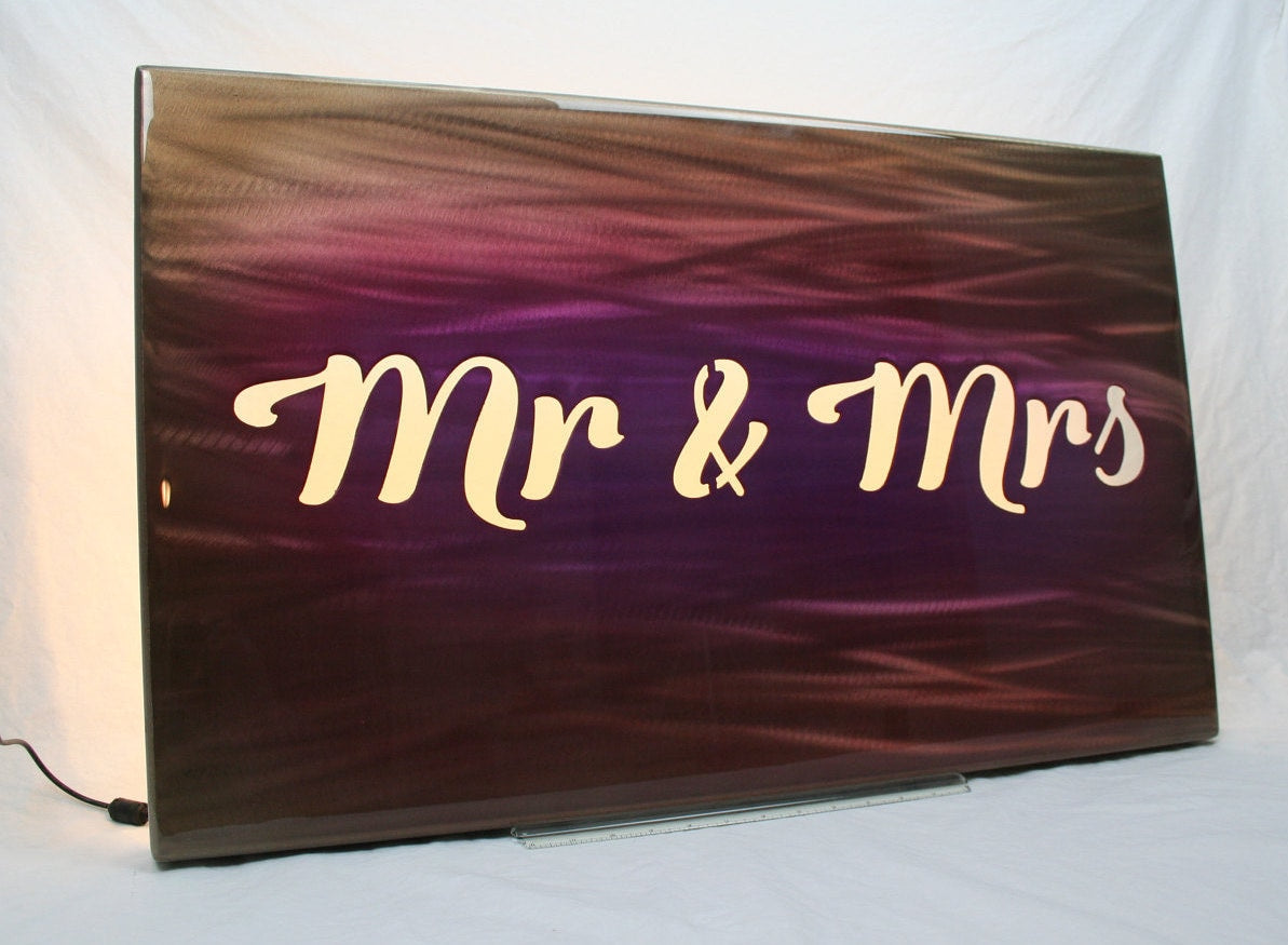 Mr & Mrs airbrushed aluminum wall art with backlighting