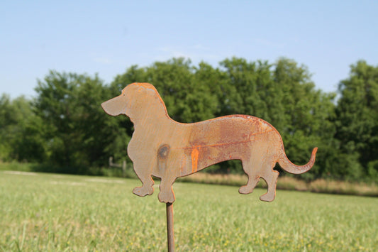 Wiener dog shaped rusty garden stake