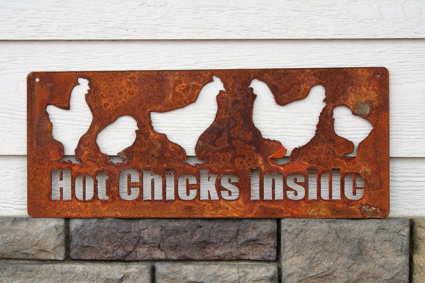 Hot Chicks Inside metal hanging garden sign in rust