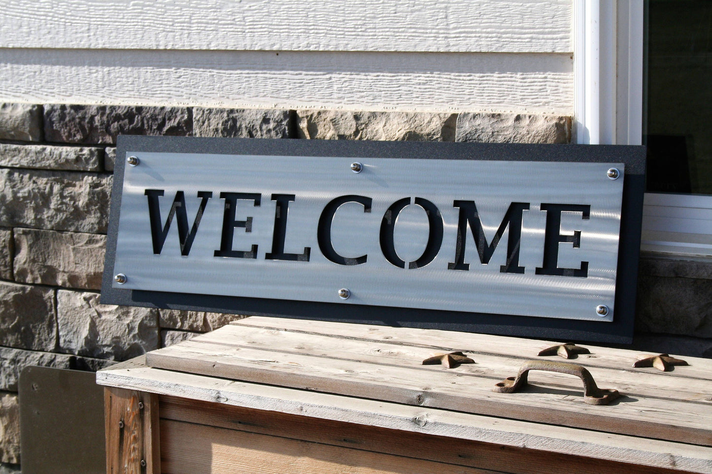 Wide Layered Stainless WELCOME Sign 32" Wide