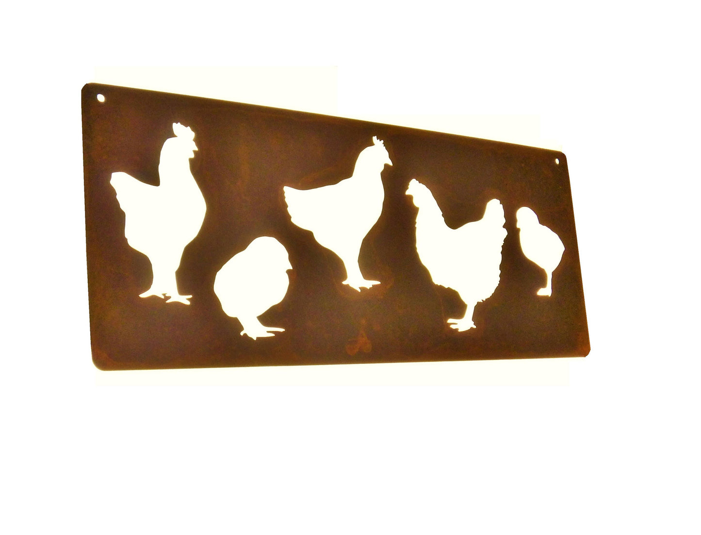 Rusty metal hanging chicken sign with silhouettes of hens and chicks
