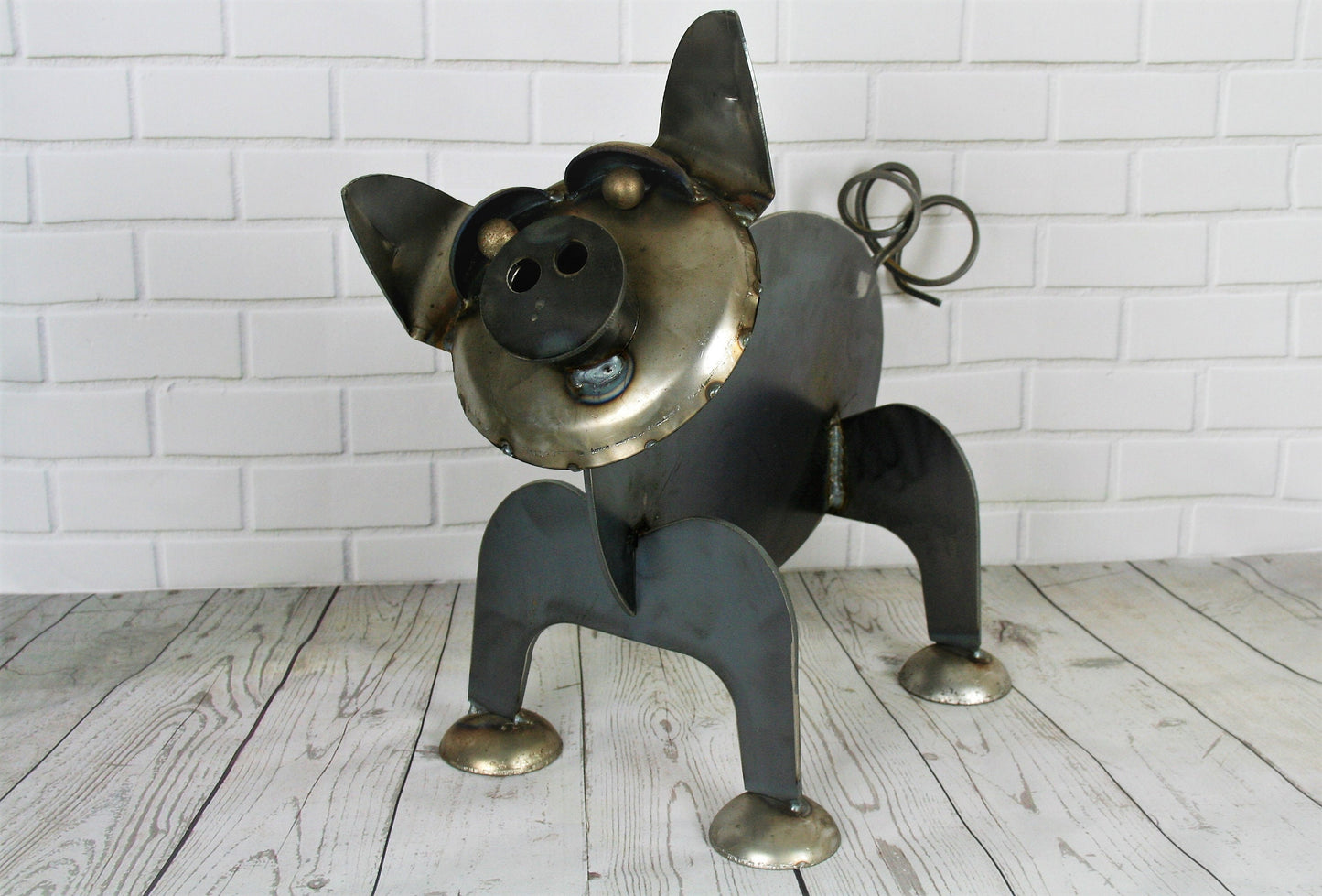 Raw steel pig garden statue with curly tail