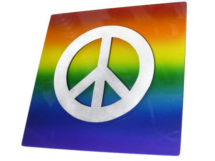 Rainbow airbrushed backing plate with peace sign front plate metal wall sign