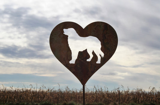 Heart-shaped golden retriever dog memorial sign in naturally rusted finish