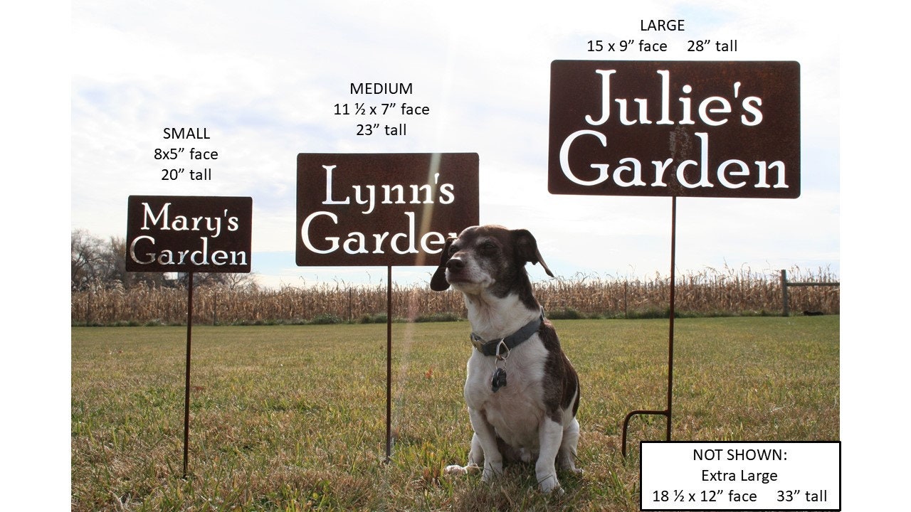 Small, medium, and large garden stake signs with a dachshund for comparison