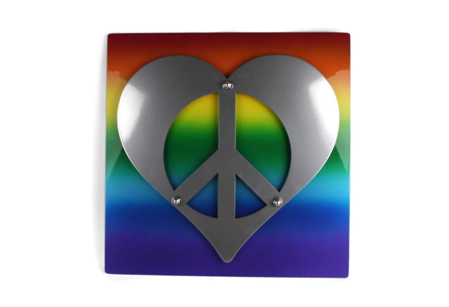 Rainbow airbrushed backing plate with aluminum peace heart front plate metal wall sign